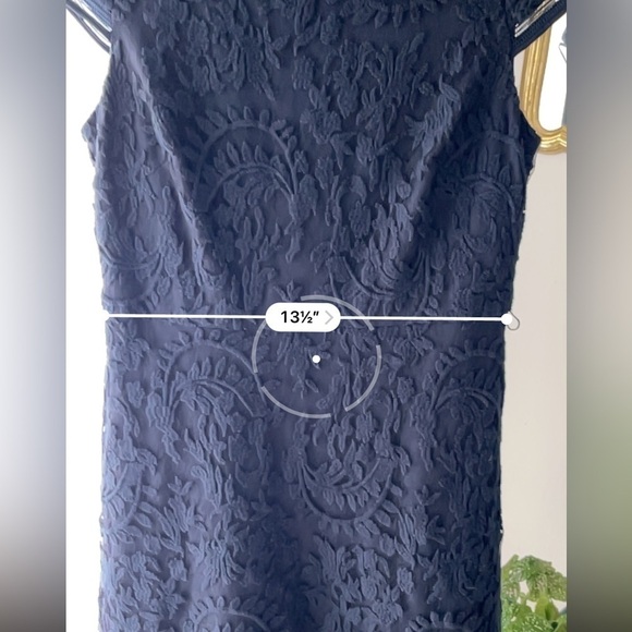 Adrianna‎ Papell Navy Blue Lacey Midi Dress - Cap Sleeves, Boat Neck, Flared Hem - Picture 12 of 12